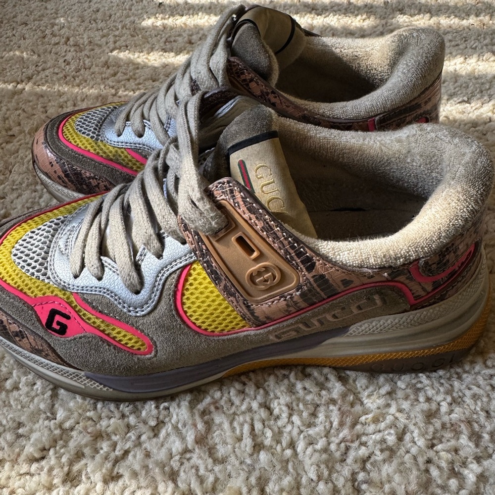 Gucci Multicolor Suede & Mesh Sneakers with Pink and Yellow Accents